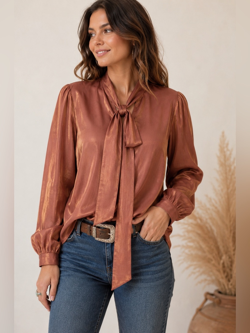 Wrangler Retro Western Shimmer Tie Neck Blouse Medium Copper Bronze button down